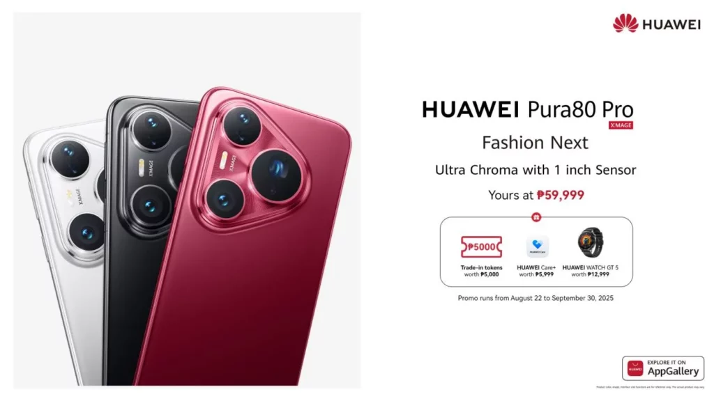 Huawei Pura80 Pro smartphones in black, red, and white, showcasing the large camera module. A promotion banner is visible, showing a price of ₱59,999 and mentioning the ultra chroma 1-inch sensor.