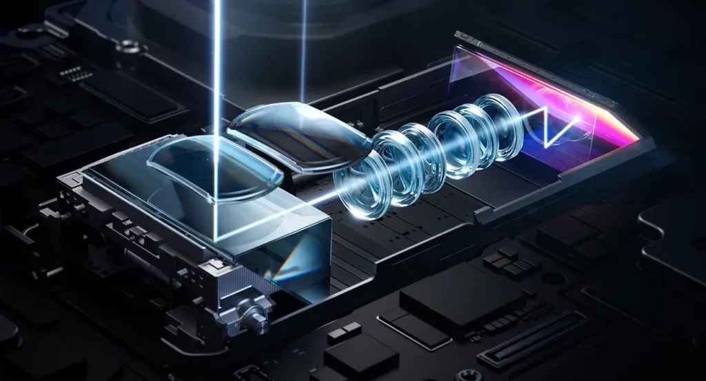 A detailed digital rendering of a camera lens system. The image shows a series of optical lens elements and a sensor, with light particles and rays moving through the components, illustrating the camera technology inside a smartphone.