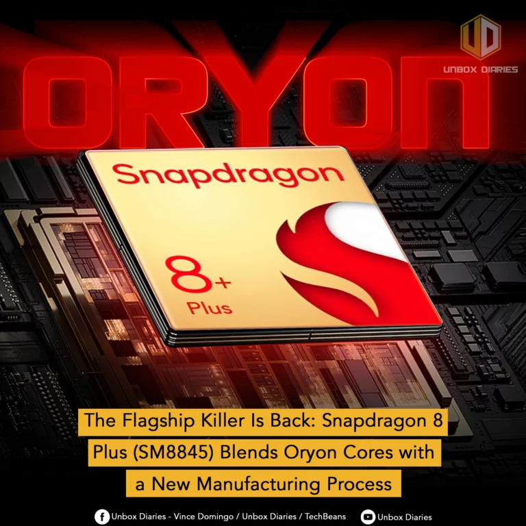 A golden Qualcomm Snapdragon 8 Plus (SM8845) chip with a red flame-like logo and '8+ Plus' text is angled over a dark, intricate circuit board. Above the chip, the word 'ORYON' is displayed in large, glowing red 3D letters. A yellow banner at the bottom reads 'The Flagship Killer Is Back: Snapdragon 8 Plus (SM8845) Blends Oryon Cores with a New Manufacturing Process'.