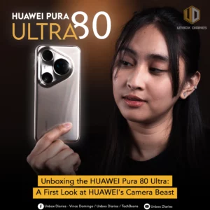 A woman with dark hair holds up a silver/gold HUAWEI Pura 80 Ultra smartphone, looking at its screen with a thoughtful expression. The phone's distinctive camera module is clearly visible. Text overlays read 'HUAWEI PURA 80 ULTRA' and 'Unboxing the HUAWEI Pura 80 Ultra: A First Look at HUAWEI's Camera Beast' by Unbox Diaries.