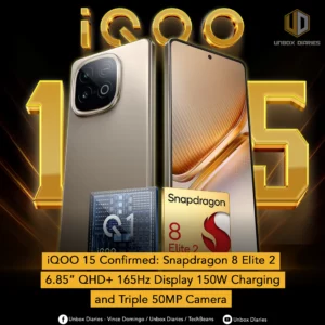 A conceptual image of the iQOO 15 smartphone, highlighting its key features: a Snapdragon 8 Elite 2 processor, a 6.85" QHD+ 165Hz display, 150W charging, and a triple 50MP camera system.