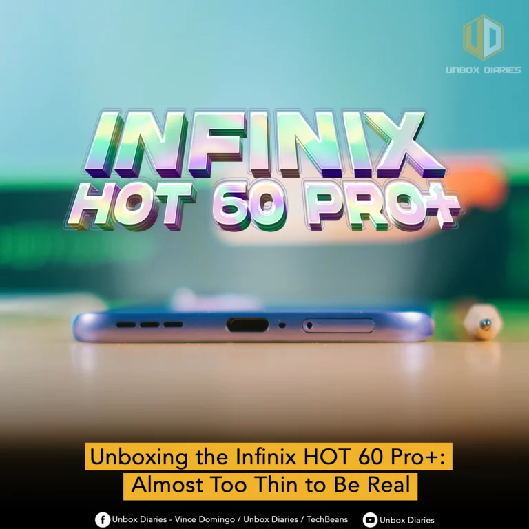 A close-up shot of the side profile of a purple Infinix HOT 60 Pro+ smartphone lying on a wooden surface. The phone is incredibly thin, highlighting its "paper thin" design. In the background, out of focus, are the words "INFINIX HOT 60 PRO+" in a stylized, metallic-looking font with a green and purple gradient. Below the phone, there's a yellow banner with the text "Unboxing the Infinix HOT 60 Pro+: Almost Too Thin to Be Real". At the very bottom, small social media handles are visible: "Unbox Diaries - Vince Domingo / Unbox Diaries / TechBeans" and "Unbox Diaries".