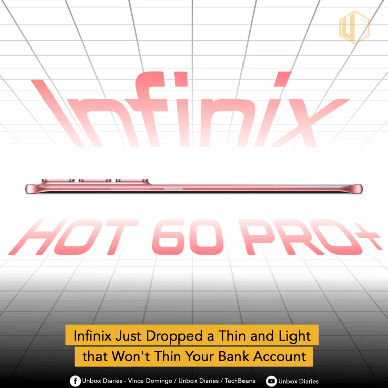 A minimalist promotional image for the Infinix HOT 60 Pro+, featuring the phone laid flat on a grid pattern, emphasizing its ultra-thin side profile in a pinkish hue. The large, transparent text "Infinix" and "HOT 60 PRO+" are overlaid on the grid. A yellow banner at the bottom contains the title "Infinix Just Dropped a Thin and Light that Won't Thin Your Bank Account".