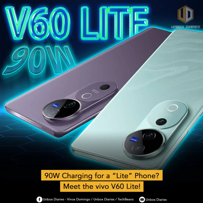 A promotional image featuring two Vivo V60 Lite smartphones, one in purple and one in light blue/green, lying at an angle. Both phones have a distinct large, circular camera module with "ZEISS" branding. Large, glowing neon blue text in the background reads "V60 LITE" and "90W". The "UNBOX DIARIES" logo is in the top right corner. At the bottom of the image, there's a title that asks "90W Charging for a "Lite" Phone? Meet the vivo V60 Lite!" and social media handles for "Unbox Diaries - Vince Domingo / Unbox Diaries / TechBeans" and "Unbox Diaries".