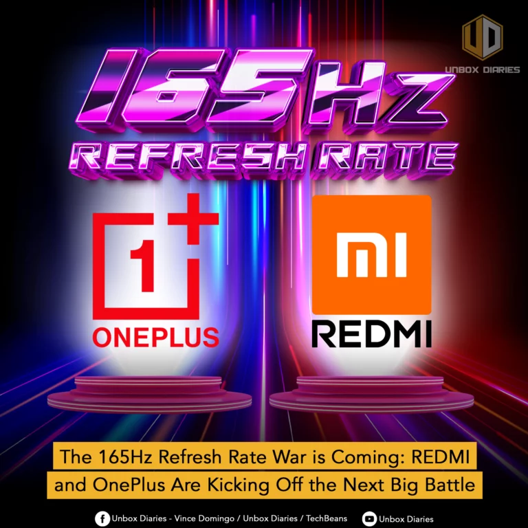 A promotional graphic for "Unbox Diaries" with a headline that says "165Hz REFRESH RATE" in large, metallic pink and purple 3D letters. Below the headline, the logos of OnePlus and REDMI are displayed on two separate, circular stages with neon lights in the background. A title at the bottom of the image reads: "The 165Hz Refresh Rate War is Coming: REDMI and OnePlus Are Kicking Off the Next Big Battle". Social media handles for "Unbox Diaries" are listed at the very bottom of the image.