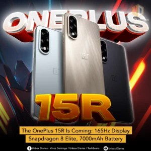 A promotional graphic for "Unbox Diaries" with the word "ONEPLUS" in large, metallic pink and white 3D letters at the top. Below it, three smartphones are shown: a white one, a gold-striped one, and a dark gray one, all with a distinct triple-camera module. In front of the phones, "15R" is written in large, metallic gold 3D letters. A yellow box at the bottom of the image reads: "The OnePlus 15R Is Coming: 165Hz Display, Snapdragon 8 Elite, 7000mAh Battery". The "Unbox Diaries" logo is in the top right corner, and social media handles are listed at the very bottom.