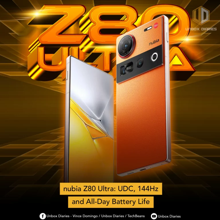 A conceptual image of the nubia Z80 Ultra, highlighting its key features: an Under-Display Camera (UDC), a 144Hz display, and all-day battery life.