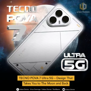 A white smartphone, identified as the Tecno POVA 7 Ultra 5G, is shown against a large, detailed image of the moon. The phone has a unique back design with a three-camera module in a triangular arrangement at the top. The words "POVA" and "ULTRA 5G" are prominently displayed on the phone and in the image's text, respectively. The overall theme suggests a space-inspired or futuristic design.