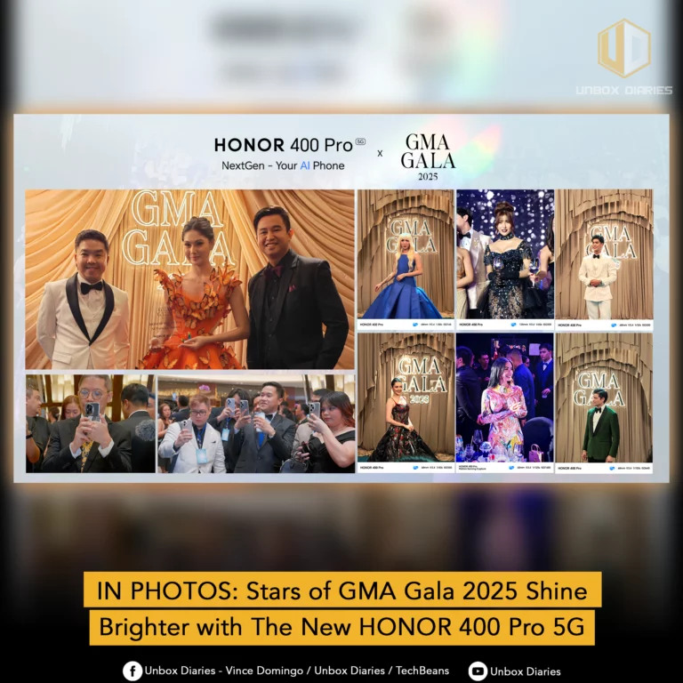 A social media graphic from Unbox Diaries titled "IN PHOTOS: Stars of GMA Gala 2025 Shine Brighter with The New HONOR 400 Pro 5G." The image features a collage of photos from the gala, including celebrities on a red carpet, with the HONOR 400 Pro 5G and GMA Gala 2025 logos prominently displayed.
