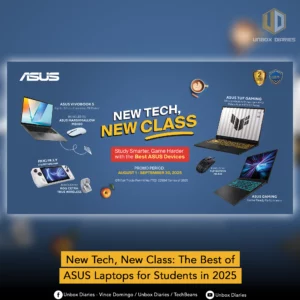 A promotional graphic from ASUS titled "New Tech, New Class," featuring a range of laptops and accessories for students. The image showcases the ASUS Vivobook S, a ROG ALLY handheld gaming device, an ASUS TUF Gaming laptop, and another ASUS Gaming laptop, each with a brief description. The promotion period is listed as "August 1 - September 30, 2025." The overall theme is "Study Smarter, Game Harder with the Best ASUS Devices."