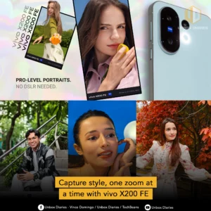 A marketing collage for the vivo X200 FE phone, highlighting its pro-level portrait and zoom capabilities. The image features several photographs of people with clear, detailed shots and a close-up of the phone's triple-lens ZEISS camera system. Text on the image reads "PRO-LEVEL PORTRAITS. NO DSLR NEEDED." and "Capture style, one zoom at a time with vivo X200 FE."