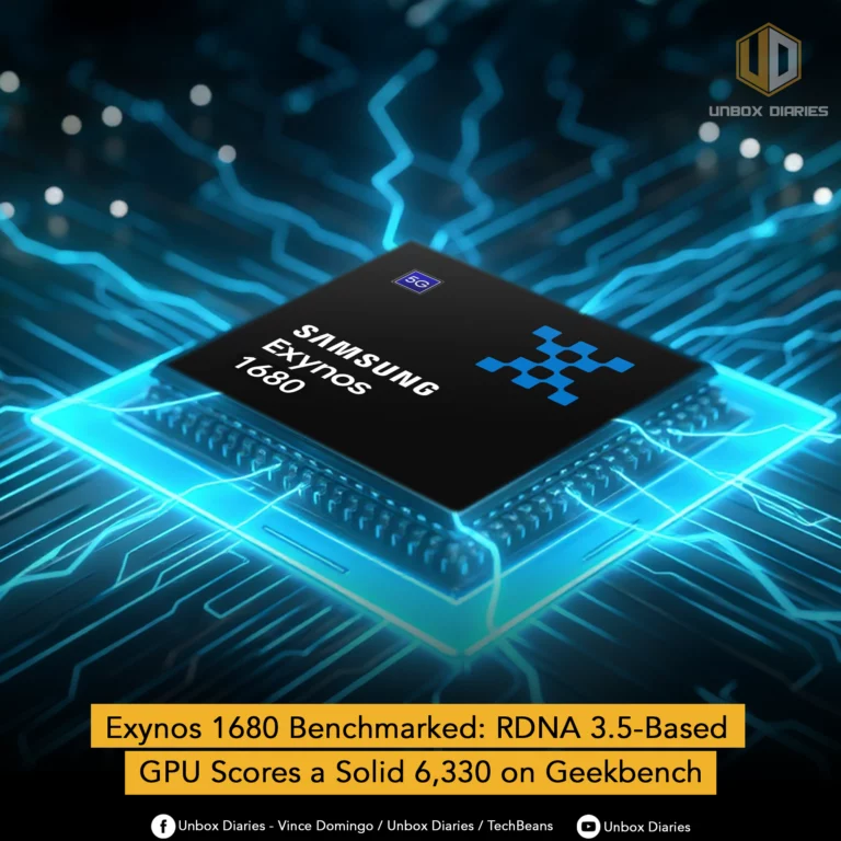 A high-tech graphic of the Samsung Exynos 1680 processor, with glowing blue circuitry and a 5G logo on the chip. The chip is labeled "SAMSUNG EXYNOS 1680" and is positioned on a circuit board with blue light streams. The text at the bottom reads "Exynos 1680 Benchmarked: RDNA 3.5-Based GPU Scores a Solid 6,330 on Geekbench."