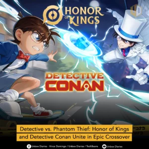 A colorful anime-style graphic showing a crossover between "Honor of Kings" and "Detective Conan." On the left, Conan Edogawa is on a skateboard, ready to launch a gadget, while on the right, Kaito Kid, the Phantom Thief, is in a classic magic pose with a glowing orb. The logos for "Honor of Kings" and "Detective Conan" are prominently displayed, with the text at the bottom reading "Detective vs. Phantom Thief: Honor of Kings and Detective Conan Unite in Epic Crossover."
