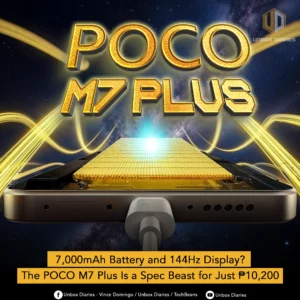 A dynamic and stylized graphic for the POCO M7 Plus. The image shows the bottom part of a gold-colored smartphone being charged, with the internal battery components glowing brightly. The text "POCO M7 PLUS" is in large, golden 3D letters above the phone. The text at the bottom reads "7,000mAh Battery and 144Hz Display? The POCO M7 Plus Is a Spec Beast for Just P10,200."