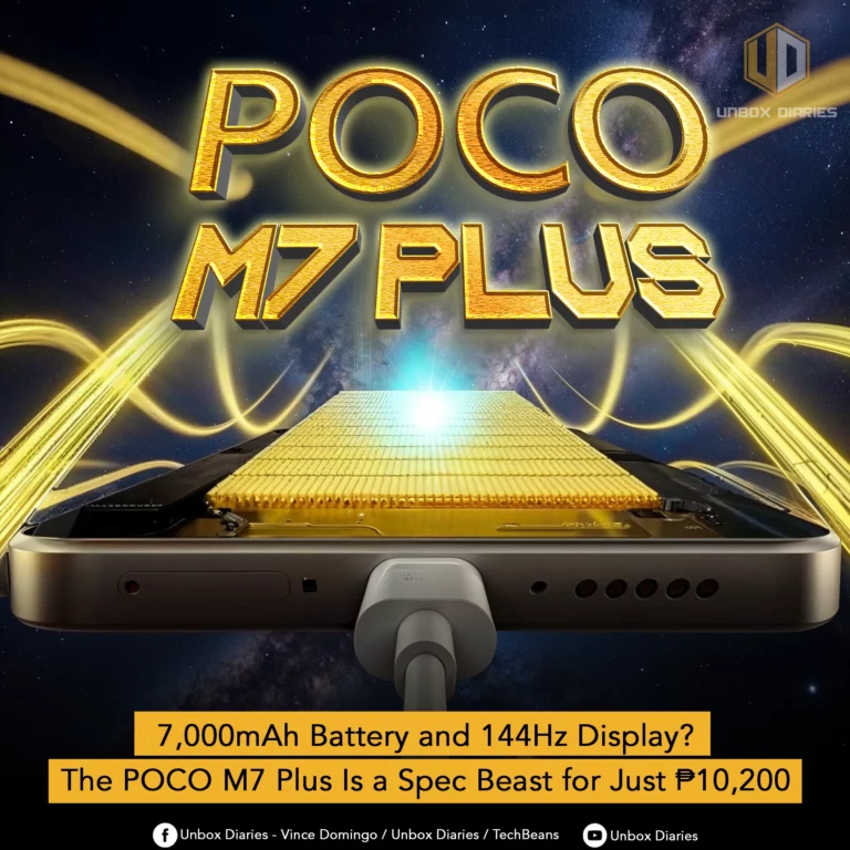 A dynamic and stylized graphic for the POCO M7 Plus. The image shows the bottom part of a gold-colored smartphone being charged, with the internal battery components glowing brightly. The text "POCO M7 PLUS" is in large, golden 3D letters above the phone. The text at the bottom reads "7,000mAh Battery and 144Hz Display? The POCO M7 Plus Is a Spec Beast for Just P10,200."