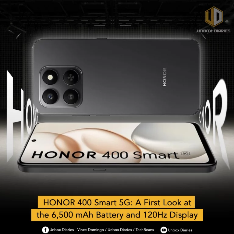A marketing image for the HONOR 400 Smart 5G smartphone. The phone is shown from both the back and the front, with the back camera module visible. The front screen displays the text "HONOR 400 Smart 5G" and a 5G logo. The text at the bottom reads "HONOR 400 Smart 5G: A First Look at the 6,500 mAh Battery and 120Hz Display."