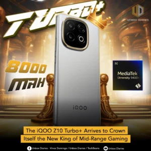 A dramatic, regal-themed graphic for the iQOO Z10 Turbo+ smartphone. The phone is placed on a golden stand like a crown, with a golden crown hovering above it. Large text on the left reads "8000 mAh," and a graphic on the right shows a "MediaTek Dimensity 9400+" chip with a 5G logo. The text at the bottom says, "The iQOO Z10 Turbo+ Arrives to Crown Itself the New King of Mid-Range Gaming."