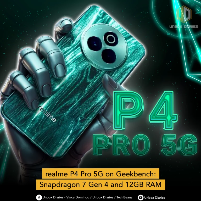 A futuristic and high-tech graphic featuring a robotic hand holding a realme P4 Pro 5G smartphone. The phone has a unique, turquoise-colored marbled back design and a prominent triple-camera module. Large, glowing green text reads "P4 PRO 5G." The text at the bottom says, "realme P4 Pro 5G on Geekbench: Snapdragon 7 Gen 4 and 12GB RAM."