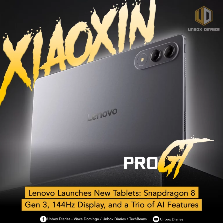 A promotional image for a new Lenovo tablet. The tablet is shown from the back, displaying its gray metallic finish and a triple camera setup. Large, stylized text reads "XIAOXIN" and "PRO". The text at the bottom says, "Lenovo Launches New Tablets: Snapdragon 8 Gen 3, 144Hz Display, and a Trio of AI Features."