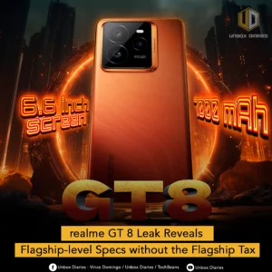 A promotional image for the realme GT 8 smartphone. The phone is shown in a metallic copper or orange color, with a prominent circular camera module on the upper back. Text on the image highlights key features, including "6.6 inch screen," "5000 mAh," and the model name "GT 8." The bottom of the image features a headline: "realme GT 8 Leak Reveals Flagship-level Specs without the Flagship Tax," along with social media handles for "Unbox Diaries," "Vince Domingo," and "TechBeans." The background is a dramatic, futuristic cityscape with a fiery orange glow.