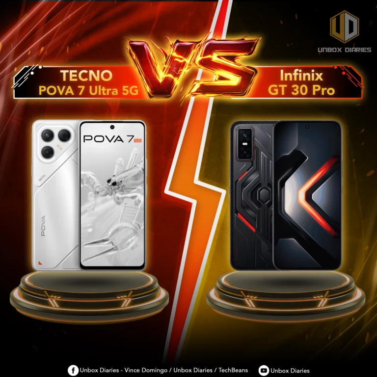 A "versus" graphic comparing two smartphones. On the left, a white TECNO POVA 7 Ultra 5G is displayed, with its front and back visible. On the right, the Infinix GT 30 Pro is shown, with a distinctive black and red gaming-themed back design. A large "VS" icon is centered between the two phones, and each phone is on a glowing circular platform. The overall theme is a competitive smartphone comparison.