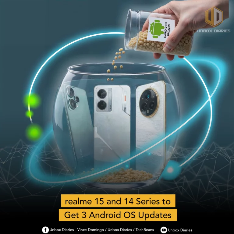 A conceptual image illustrating a news update about Android OS. A hand is shown pouring small, round pellets labeled "ANDROID OS UPDATES" from a jar into a transparent, fishbowl-like container. Inside the container are three different smartphones, with the pellets collecting at the bottom. The phones are white and appear to be from different brands, possibly representing various models. The image is set against a dark teal or green background with glowing blue and green rings and spheres floating around the bowl. Text at the bottom of the image reads, "realme 15 and 14 Series to Get 3 Android OS Updates," along with the social media handles for "Unbox Diaries," "Vince Domingo," and "TechBeans."