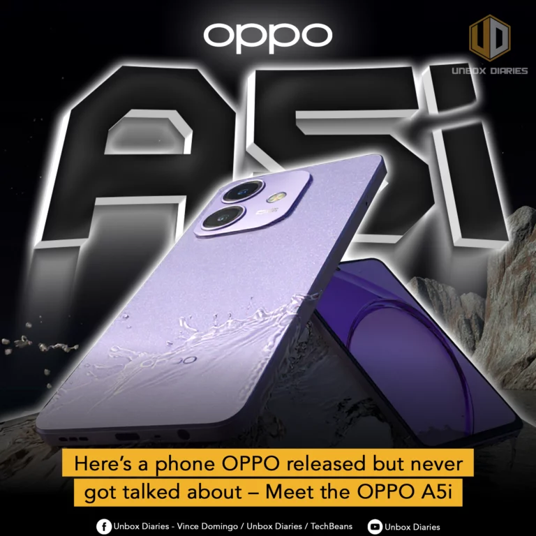 An ad for the OPPO A5i smartphone. The image shows a purple OPPO A5i phone lying at an angle on a wet, dark surface with what looks like water splashing on it. Behind the phone is a large, 3D text graphic that reads "A5i" in a shiny, dark metal font. The OPPO logo is at the top center, and the Unbox Diaries logo is at the top right. A text box at the bottom says, "Here's a phone OPPO released but never got talked about – Meet the OPPO A5i."