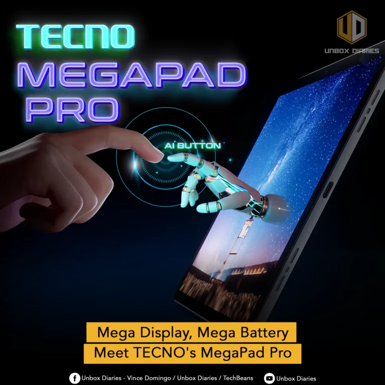 A promotional graphic for the TECNO Megapad Pro tablet. The image features a futuristic design with a human hand tapping an "AI BUTTON" on the screen, causing a robotic arm to emerge from the tablet's display. The tablet shows a digital landscape on its screen. Large, neon text reads "TECNO MEGAPAD PRO" with the title at the bottom stating "Mega Display, Mega Battery, Meet TECNO's Megapad Pro."