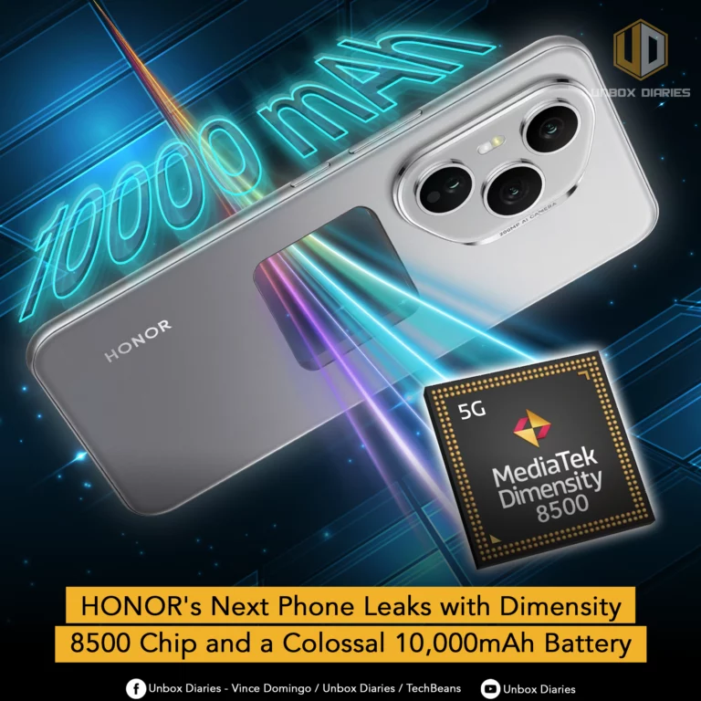 A promotional graphic for a new HONOR phone. The image shows the phone from the back, with a gray metallic finish and a circular camera module. A transparent section in the middle reveals a powerful energy source, with the text "10000 mAh" prominently displayed. A graphic of a "MediaTek Dimensity 8500" chip with a 5G logo is shown in the foreground. The text at the bottom reads "HONOR’s Next Phone Leaks with Dimensity 8500 Chip and a Colossal 10,000mAh Battery."