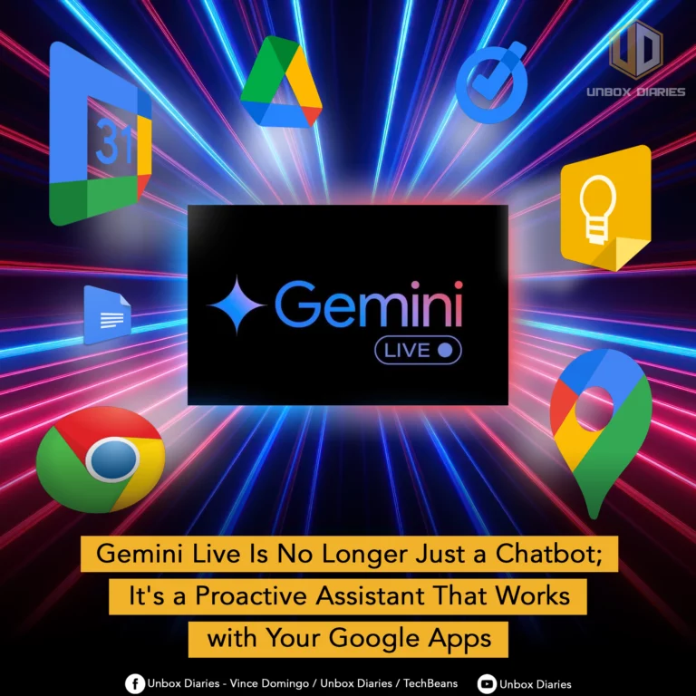 A colorful and dynamic graphic with a futuristic, neon grid background. The center of the image features the "Gemini Live" logo. Surrounding it are various Google app icons, including Google Calendar, Drive, Keep, Chrome, and Maps, suggesting integration. The text at the bottom reads "Gemini Live Is No Longer Just a Chatbot; It's a Proactive Assistant That Works with Your Google Apps."
