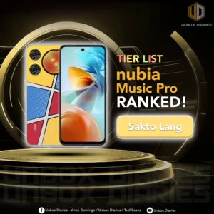 A review graphic for the nubia Music Pro smartphone. The image shows the phone from both the front and back, with the back featuring a colorful, comic book-style pop art design and a large circular speaker grill. The phone is placed on a golden, circular stage. Text in the upper right corner reads "TIER LIST nubia Music Pro RANKED!" with a smaller box underneath saying "Sakto Lang."