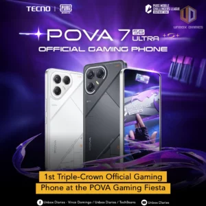 A high-quality product image of the TECNO POVA 7 Ultra 5G. Two phones are shown side-by-side, one in white and one in dark gray, each displaying a light-up pattern on the back. A third phone in the foreground shows a screenshot of a PUBG Mobile Challenger League game. Below the phones, text reads "1st Triple-Crown Official Gaming Phone at the POVA Gaming Fiesta." Logos for TECNO, PUBG Mobile, PUBG Mobile Challenger League Southeast Asia, and Unbox Diaries are also visible.
