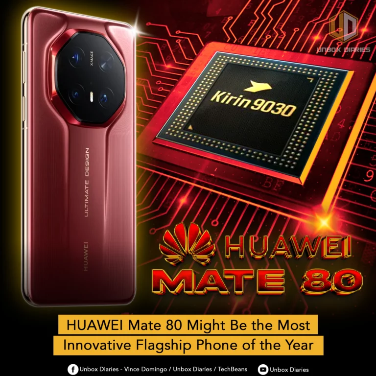 A stylized promotional image for the HUAWEI Mate 80 smartphone. The image features a red version of the phone with a large, circular camera module and a futuristic, circuit board-like design. Next to the phone is a magnified view of a "Kirin 9030" chip. Large, bold text reads "HUAWEI MATE 80." The text at the bottom says, "HUAWEI Mate 80 Might Be the Most Innovative Flagship Phone of the Year."