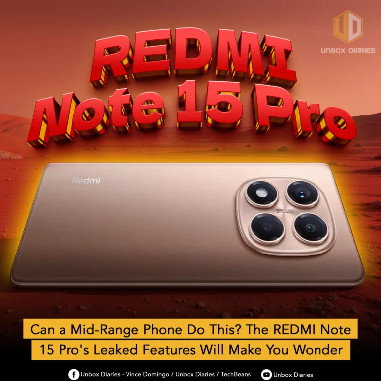 A promotional graphic for the Redmi Note 15 Pro. The image features a bronze-colored phone seen from the back, highlighting its large, oval-shaped camera module with four lenses. Large text at the top reads "REDMI Note 15 Pro," and a bottom banner asks, "Can a Mid-Range Phone Do This? The REDMI Note 15 Pro's Leaked Features Will Make You Wonder."