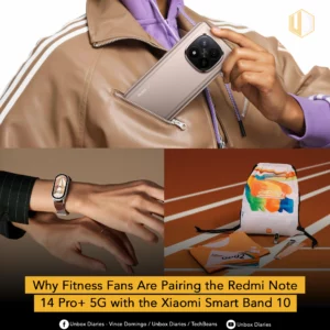 A collage of four images for a fitness article. The top-left quadrant shows a person holding a beige Redmi Note 14 Pro+ 5G. The top-right shows a white and colorful 'Xiaomi Pop Run' drawstring bag. The bottom-left shows a person wearing a Xiaomi Smart Band 10. The bottom-right shows a race bib, a folded orange running shirt, and a Xiaomi Smart Band. A large text box at the bottom says 'Why Fitness Fans Are Pairing the Redmi Note 14 Pro+ 5G with the Xiaomi Smart Band 10'.