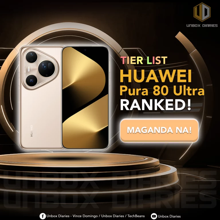 An advertisement for the HUAWEI Pura 80 Ultra, featuring a gold-colored phone on a tiered podium. The text 'TIER LIST HUAWEI Pura 80 Ultra RANKED!' is prominently displayed next to the phone, along with the Filipino phrase 'MAGANDA NA!' and the 'Unbox Diaries' logo.
