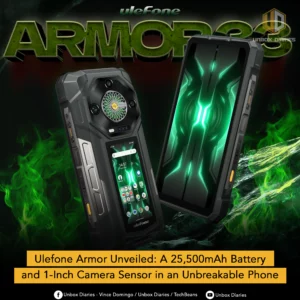 A promotional graphic for the Ulefone Armor smartphone. The image features two views of the black rugged phone against a green smoky background, highlighting its main screen, a large circular camera module, and a secondary rear screen with a glowing green pattern. A banner at the bottom reads, "Ulefone Armor Unveiled: A 25,500mAh Battery and 1-Inch Camera Sensor in an Unbreakable Phone."