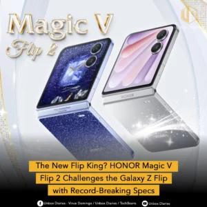 A promotional graphic for the HONOR Magic V Flip 2 foldable phone. The image shows two phones unfolded at an angle, one in a glittery blue finish and the other in silver. A banner at the bottom reads, "The New Flip King? HONOR Magic V Flip 2 Challenges the Galaxy Z Flip with Record-Breaking Specs."