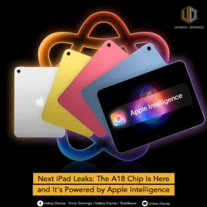 A promotional graphic for the next iPad, showcasing four different colors (white, yellow, pink, and blue) and a fifth iPad displaying the "Apple Intelligence" logo and text on its screen. A banner at the bottom reads, "Next iPad Leaks: The A18 Chip Is Here and It's Powered by Apple Intelligence."