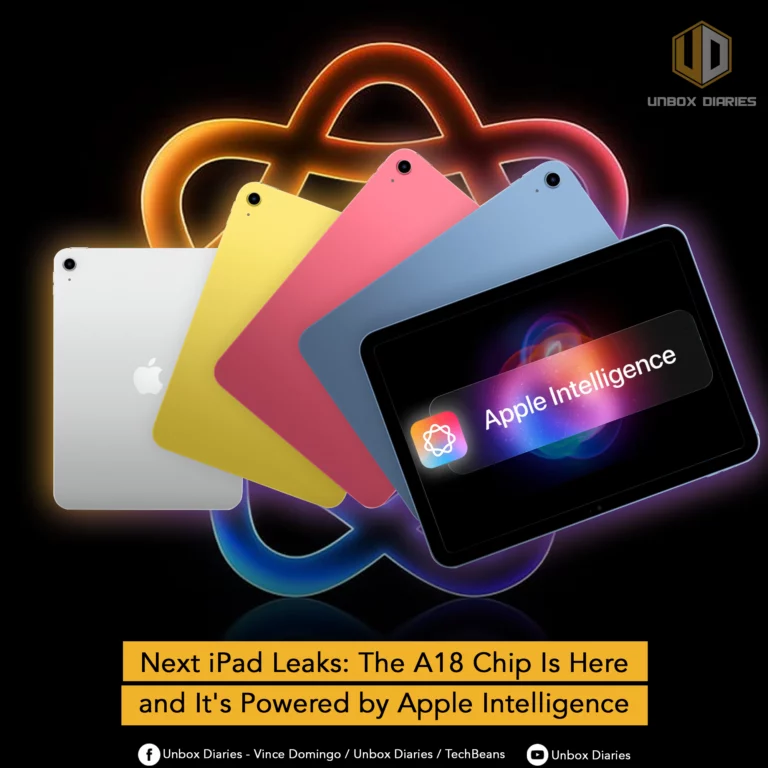 A promotional graphic for the next iPad, showcasing four different colors (white, yellow, pink, and blue) and a fifth iPad displaying the "Apple Intelligence" logo and text on its screen. A banner at the bottom reads, "Next iPad Leaks: The A18 Chip Is Here and It's Powered by Apple Intelligence."