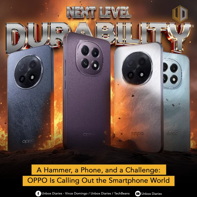 A promotional graphic for a new Oppo phone, showing four different color versions (dark gray, purple, silver, and light blue) standing on a rocky surface. The phones all have a large, circular camera module. The title reads "NEXT LEVEL DURABILITY" and a banner at the bottom says "A Hammer, a Phone, and a Challenge: OPPO Is Calling Out the Smartphone World."