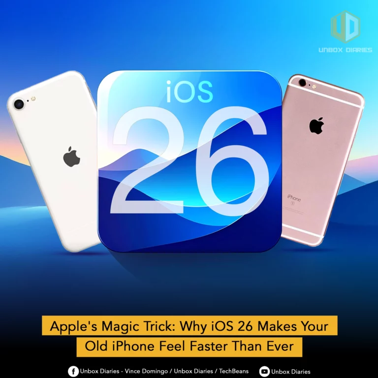 A promotional graphic for iOS 26, showing a large, blue, stylized logo in the center. A white iPhone is on the left and a rose gold iPhone is on the right. A banner at the bottom reads, "Apple's Magic Trick: Why iOS 26 Makes Your Old iPhone Feel Faster Than Ever."