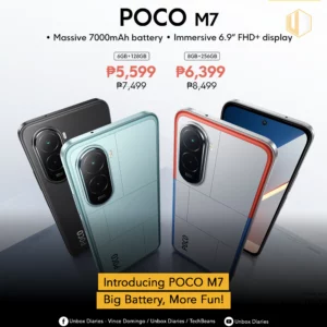A promotional image for the POCO M7, featuring three color variants of the phone—black, a light blue, and a special white and red/blue edition. The image displays the phone's name, key features, and both the regular and early bird prices for the 6GB+128GB and 8GB+256GB models.