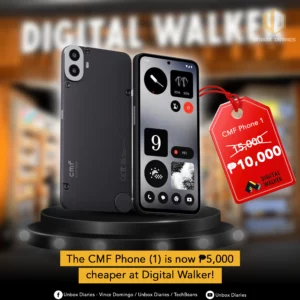 A promotional image for a sale on the CMF Phone 1 at Digital Walker. The image shows the phone on a black stand. A red price tag hanging next to it shows the price reduced from ₱15,000 to ₱10,000. A yellow banner at the bottom confirms the sale.