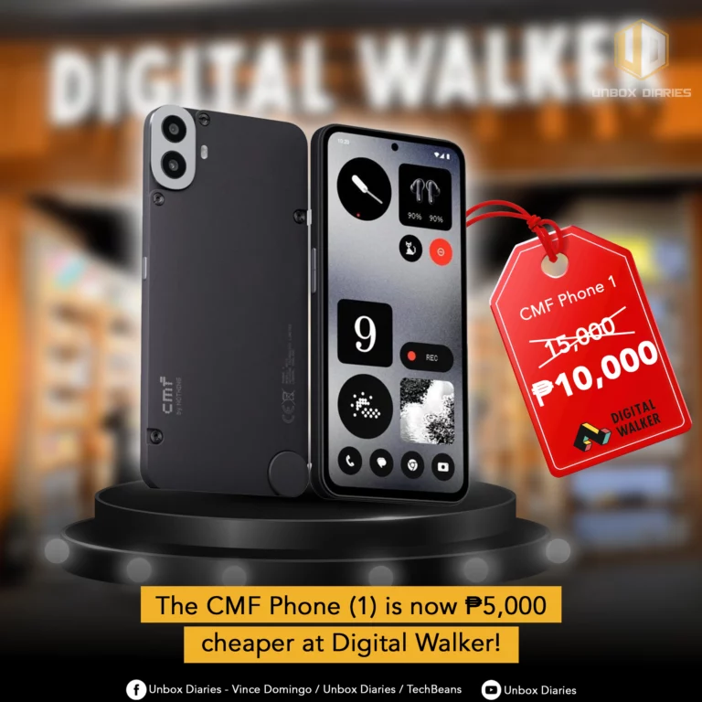 A promotional image for a sale on the CMF Phone 1 at Digital Walker. The image shows the phone on a black stand. A red price tag hanging next to it shows the price reduced from ₱15,000 to ₱10,000. A yellow banner at the bottom confirms the sale.