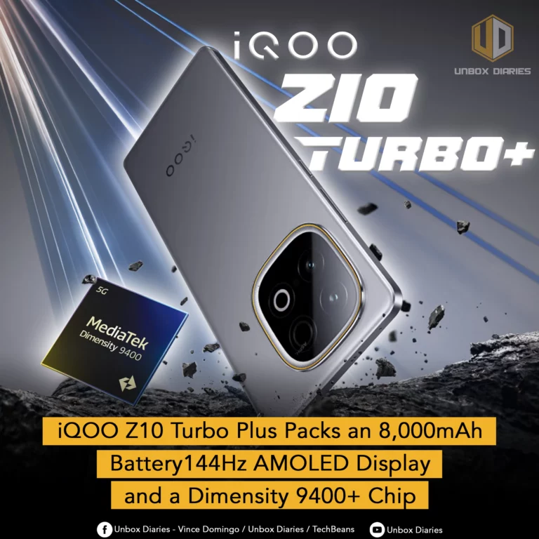 A promotional graphic for the iQOO Z10 Turbo+ smartphone. The image shows a gray phone with a large, square camera module on a rocky surface next to a floating MediaTek Dimensity 9400 chipset. A banner at the bottom of the graphic lists the phone's features: "8,000mAh Battery," "144Hz AMOLED Display," and a "Dimensity 9400+ Chip."