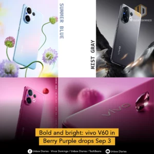 A collage graphic showcasing three different color options for the vivo V60 smartphone. The top left image shows a light blue phone with the text "SUMMER BLUE." The top right shows a dark gray phone with the text "MIST GRAY." The bottom image shows a berry-purple phone. A banner at the bottom of the graphic states, "Bold and bright: vivo V60 in Berry Purple drops Sep 3."