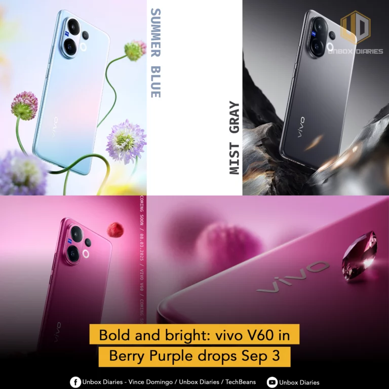 A collage graphic showcasing three different color options for the vivo V60 smartphone. The top left image shows a light blue phone with the text "SUMMER BLUE." The top right shows a dark gray phone with the text "MIST GRAY." The bottom image shows a berry-purple phone. A banner at the bottom of the graphic states, "Bold and bright: vivo V60 in Berry Purple drops Sep 3."