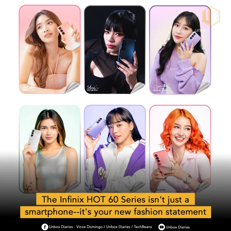 A composite image showing six young women, including members of P-pop groups G22 and MNL48, posing with the Infinix HOT 60 Series smartphones in various colors. The image also includes the text "The Infinix HOT 60 Series isn't just a smartphone--it's your new fashion statement."