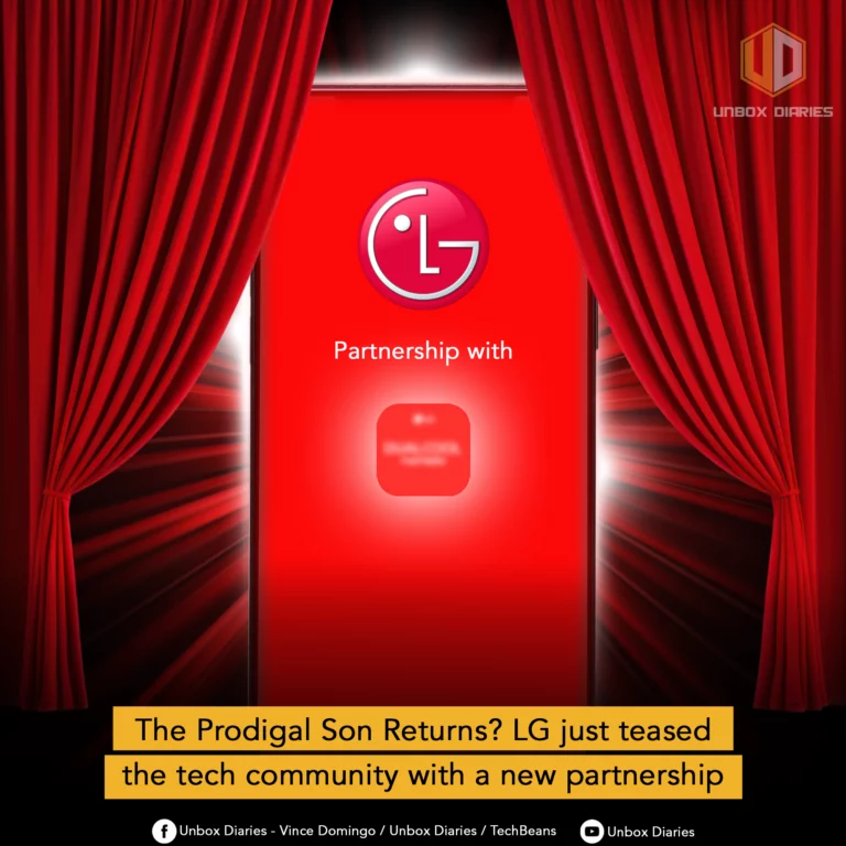 A red promotional image announcing a new LG partnership, featuring a smartphone with the LG logo and a red curtain backdrop.